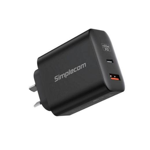 Picture of Simplecom CU265 Dual Port PD 65W GaN Fast Wall Charger USB-C + USB-A for Phone Laptop