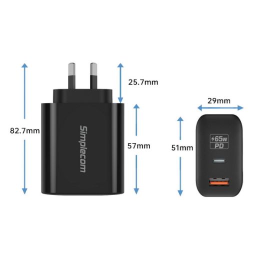 Picture of Simplecom CU265 Dual Port PD 65W GaN Fast Wall Charger USB-C + USB-A for Phone Laptop